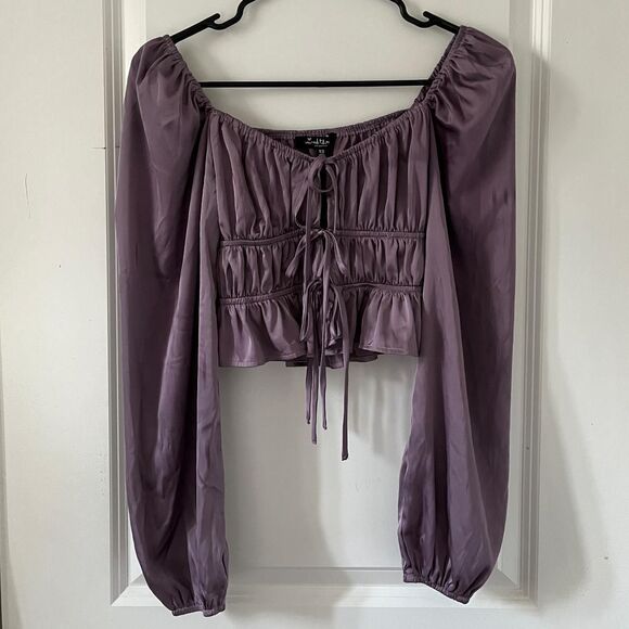 Y2K Purple Mixed Threads Los Angeles Satin Long Sleeves Tie Front Crop Top - Picture 6 of 8